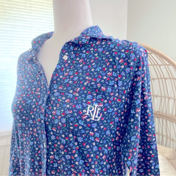 Lauren‎ Ralph Lauren Small Navy Floral Cotton Button Front Nightshirt Pajamas - Picture 2 of 7